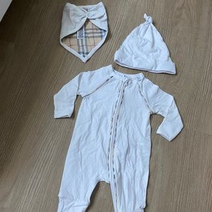 Baby Burberry Onesie, Bib, and Hat.